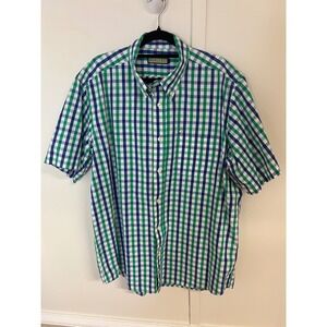 Mobile Bay Mens Large Green Blue Gingham Plaid Short Sleeve Pelican Button Down